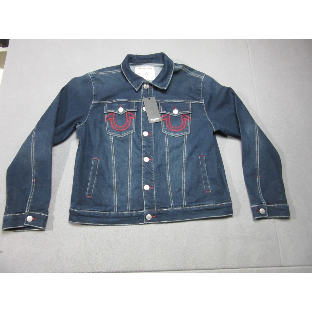 True Religion Jacket Mens Large Blue Ladder Stitch Denim Trucker World Tour Logo